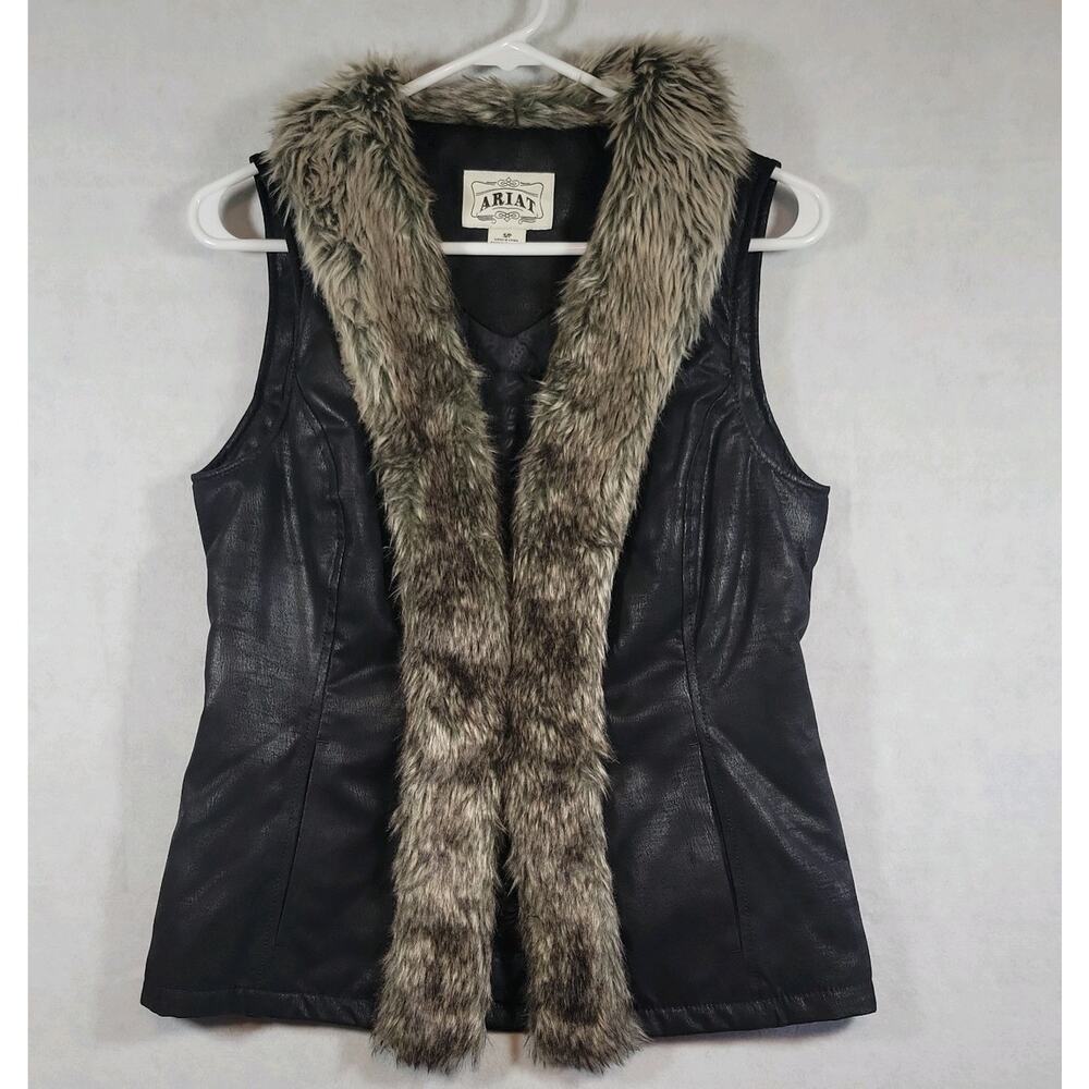 Ariat Vest Jacket Womens Small Black Faux Leather Fur Pockets Cowgirl Ski